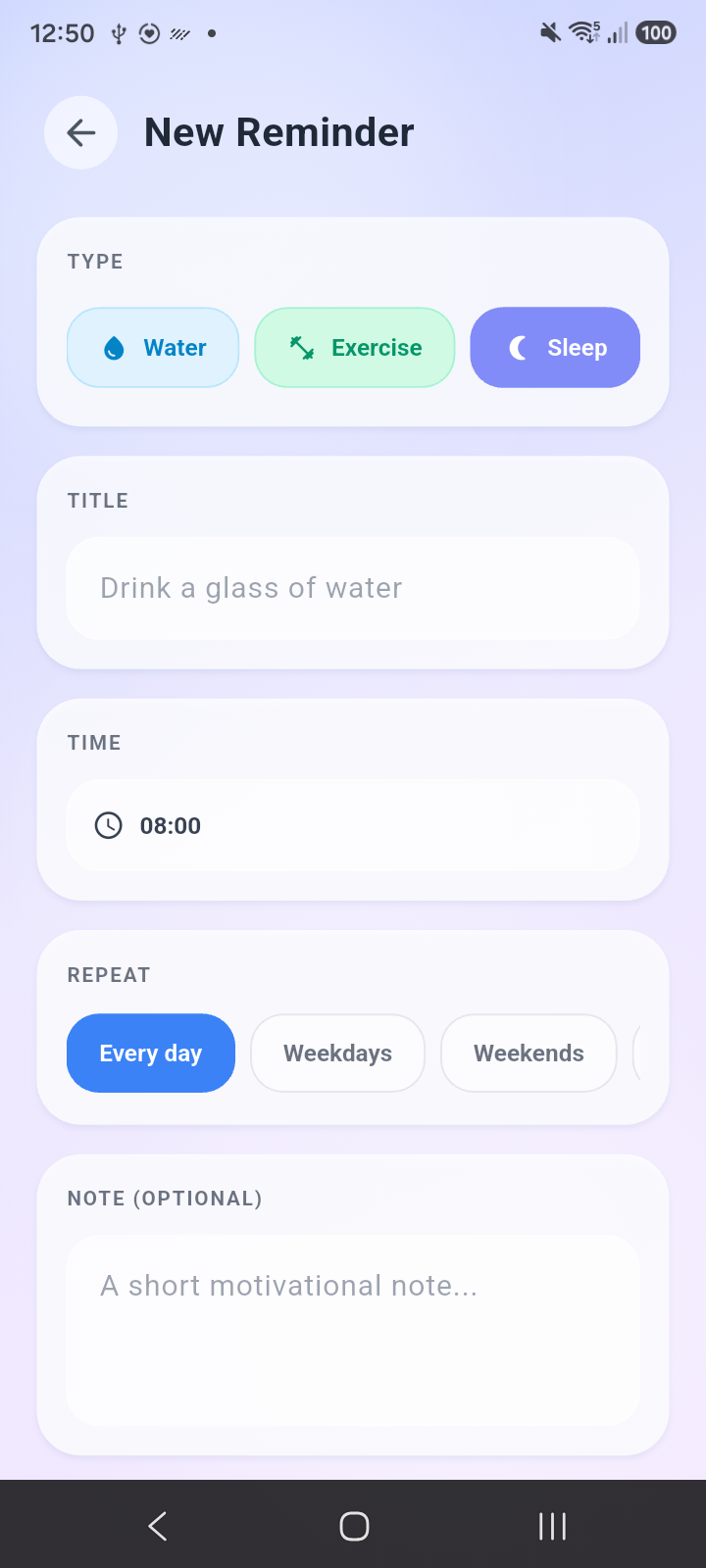 Reminder creation screen